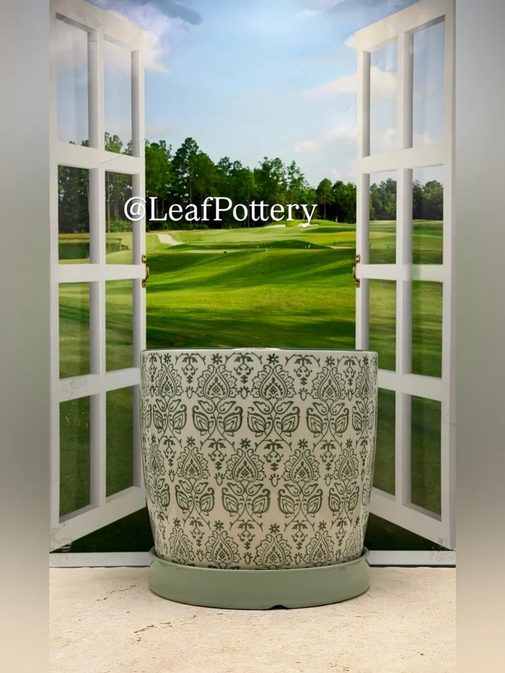 Ceramic Planter with Saucer Attached 7 Inch | Green Patterned Flower Pot